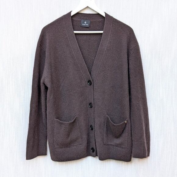 Anine Bing Jackson Deep Brown 100% Cashmere V-neck Button Logo Cardigan, size S - Picture 2 of 9
